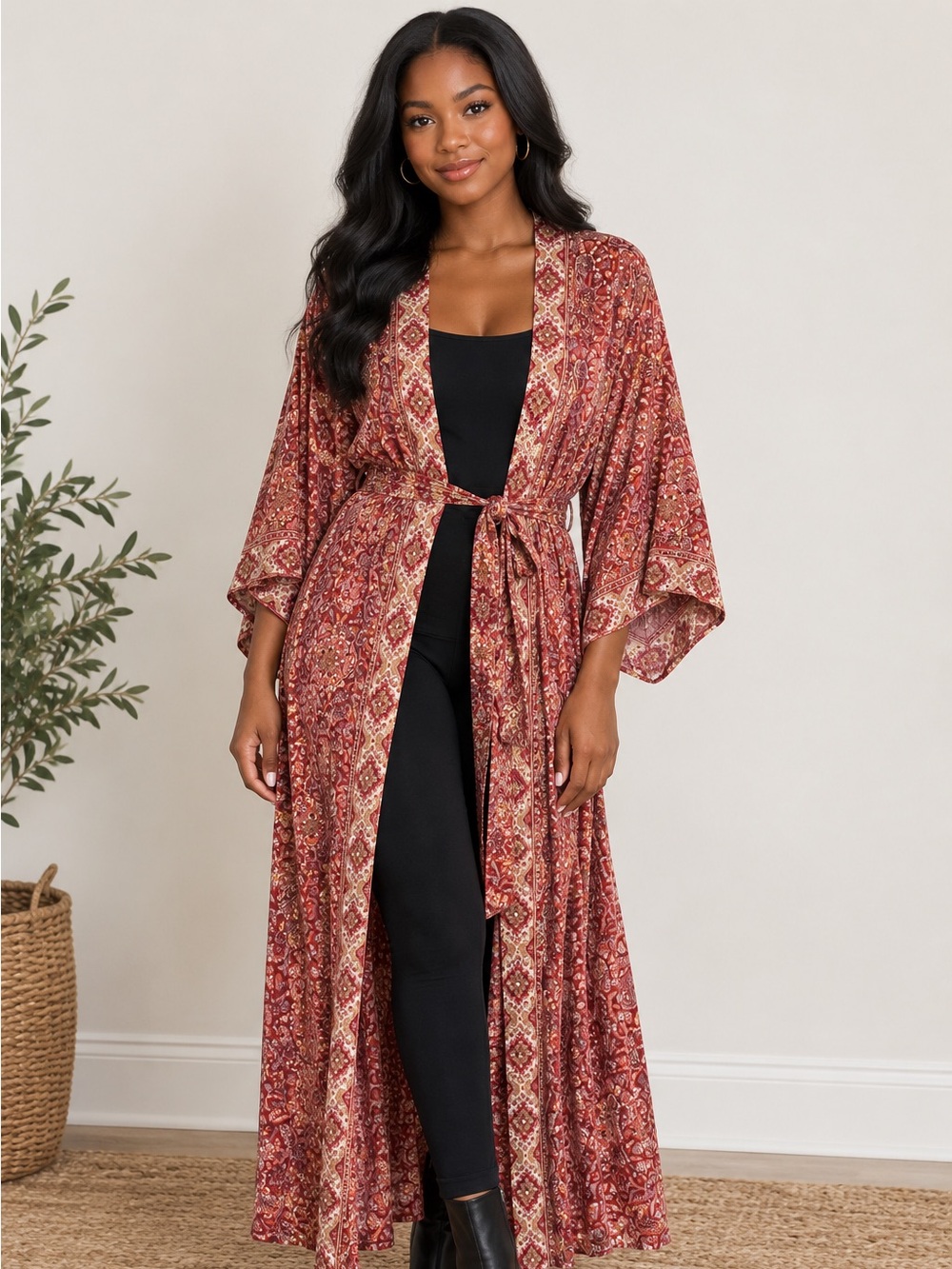 White Waves Red Rust Floral Medallion Kimono Maxi